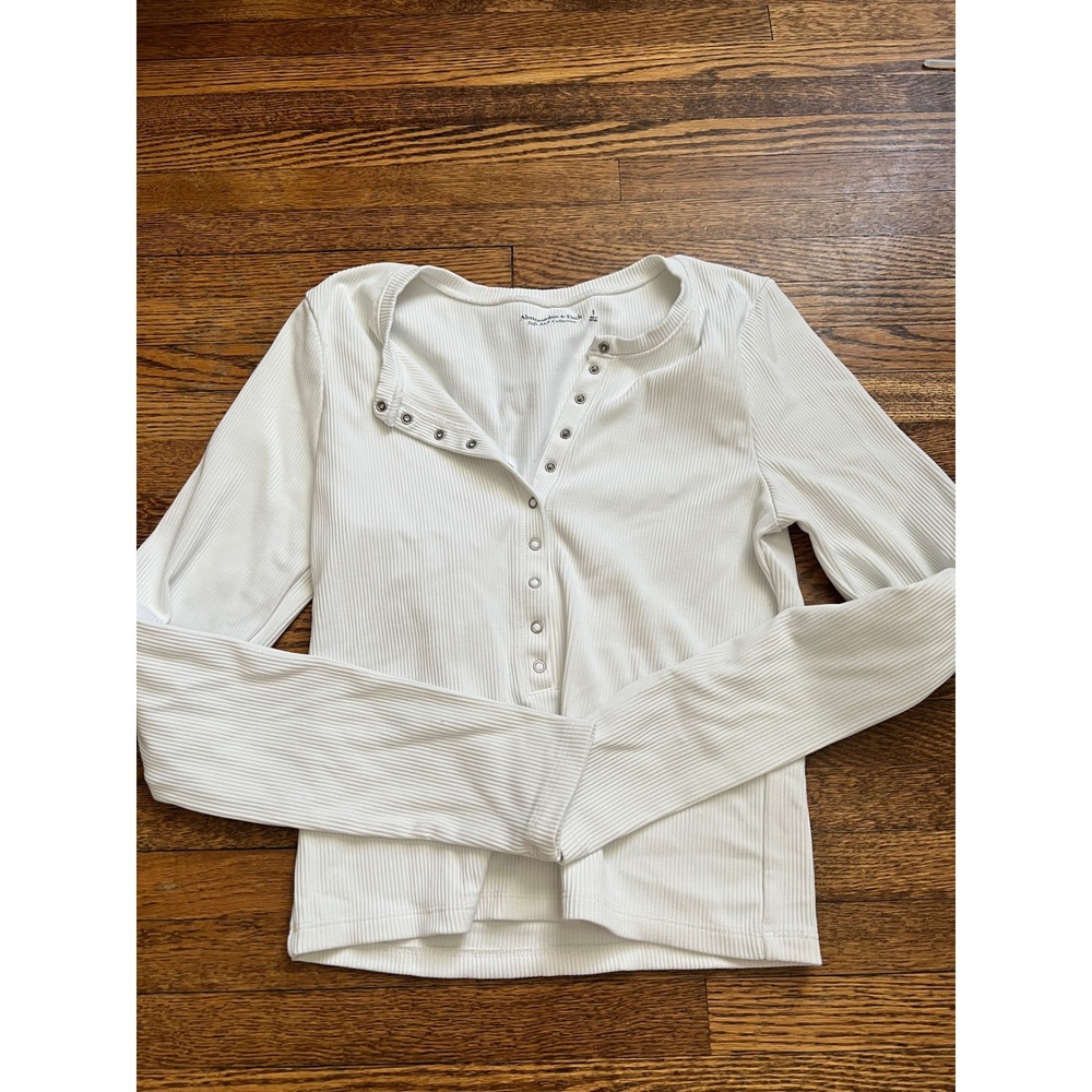 Abercrombie & Fitch White Ribbed‎ Long Sleeve Snap Henley Top Small Soft A&F